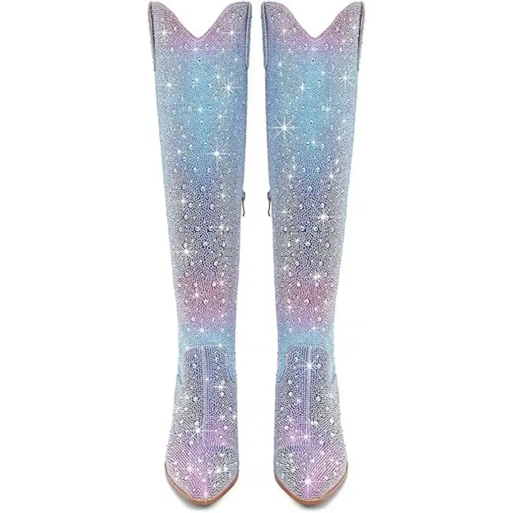 Ronilurn Womens Size 6.5 Rainbow Blue Pink Rhinestone Over the Knee Cowboy Boots